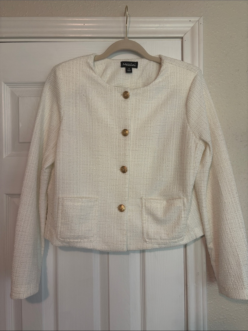 Messini Cream Textured Knit Jacket with Gold Button